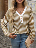 Women Striped Knit V Neck Long Sleeve Loose Fit Casual Shirts