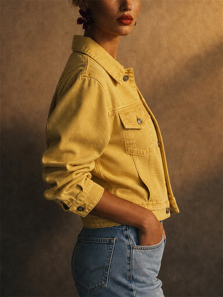 Women Chest Pocket Cropped Denim Jacket Trendy Short Coat