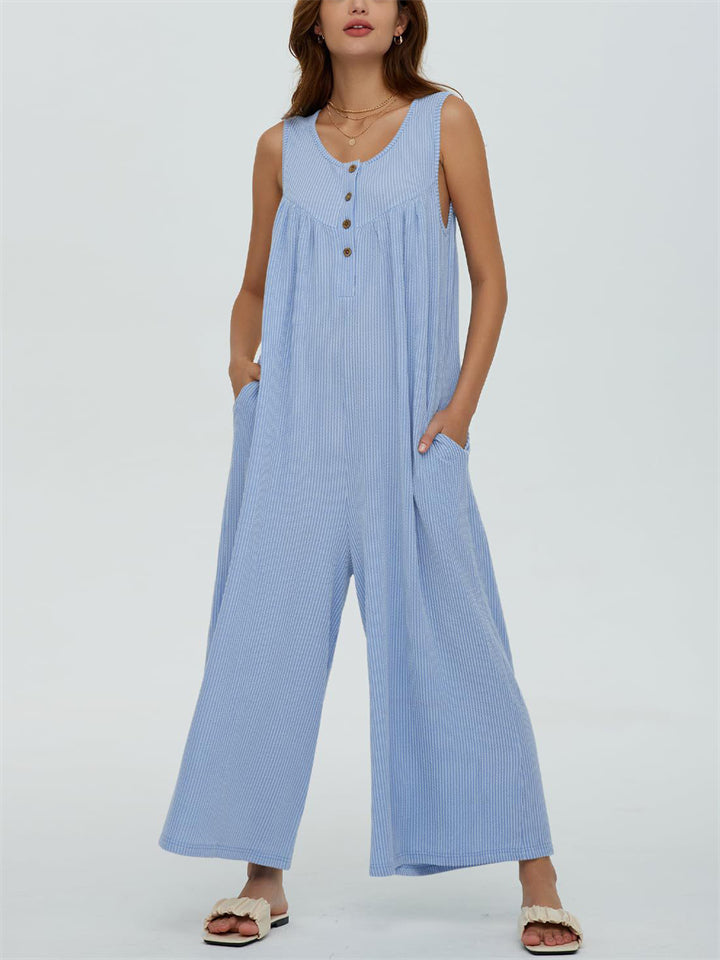 Relaxed U Neck Sleeveless Side Pocket Wide Leg Jumpsuit for Women