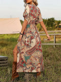 Women's Elegant Retro Print V Neck Short Sleeve Split Dress