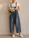 Women Vintage Baggy Wide Leg Distressed Denim Cropped Overalls