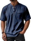Men's Distressed Solid Color Quarter Button Pocket Round Neck Shirts