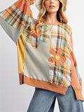 Women's Retro Waffle Patchwork Contrast Color Round Neck Sweatshirt