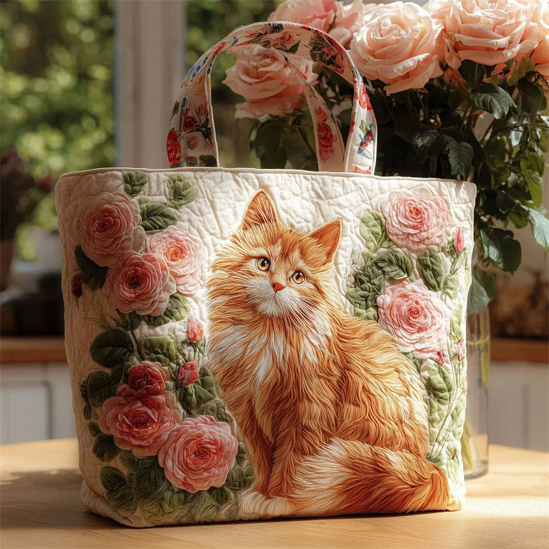 Floral Orange Cat Quilted Canvas Tote Bag