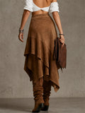 Women's Brown Suede Asymmetrical Ruffle Skirt