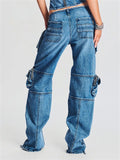 Fashion Mid Rise Pockets Patchwork Cargo Denim Pants for Women