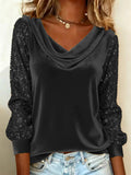 Women's Vintage Velvet Long Sleeve Cowl Collar‌ Blouses with Sequin Sleeves