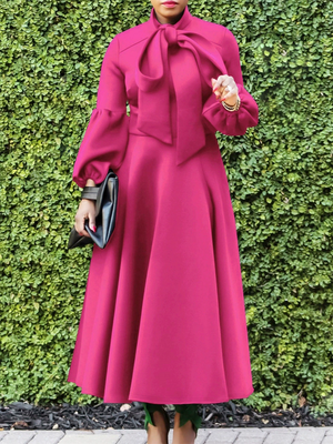 Women's Trendy Solid Color Puff Sleeve Bowknot Big Hem Dress