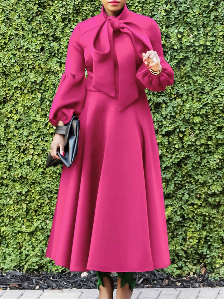 Women's Trendy Solid Color Puff Sleeve Bowknot Big Hem Dress