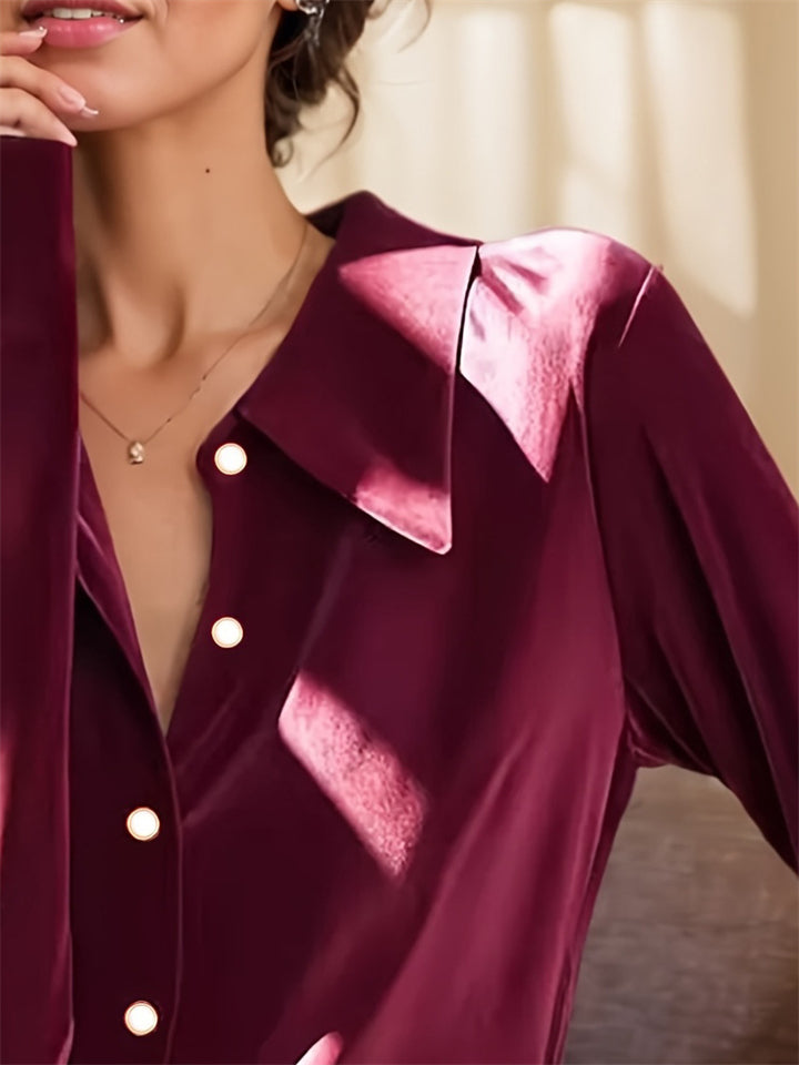 Women's Velvet Solid Color Lapel Button Up Long Sleeve Blouses