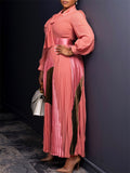 Women's Long Sleeve Tie Neck Pleated Maxi Dress With Belt