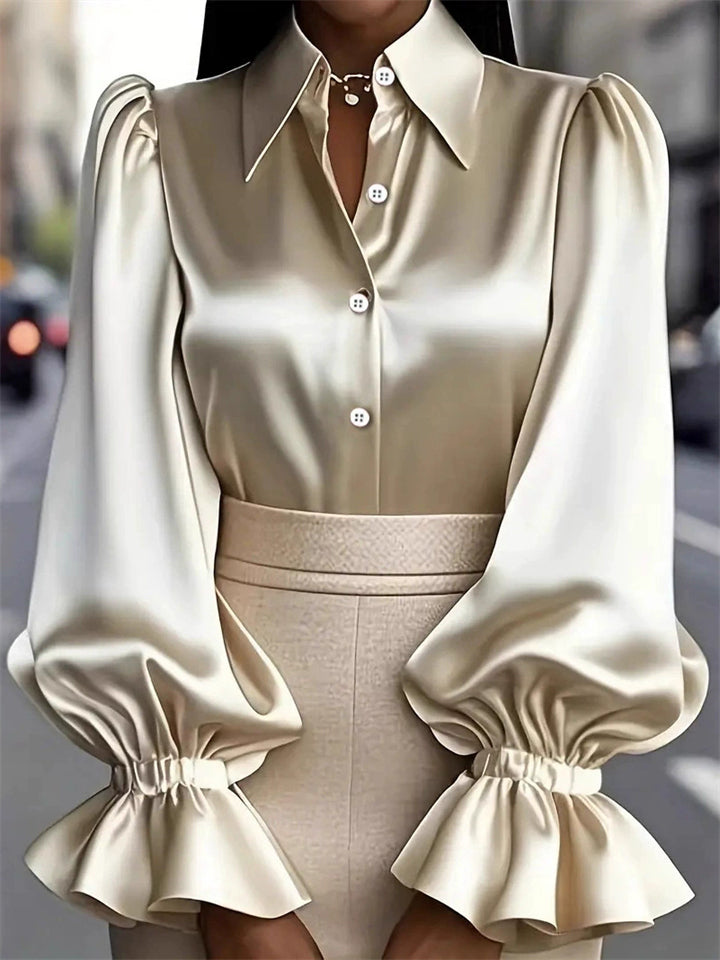 Women's Fashion Button Up Lapel Satin Ruffled Sleeve Blouses