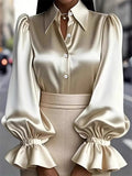 Women's Fashion Button Up Lapel Satin Ruffled Sleeve Blouses