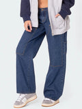 Women's Retro Solid Color Mid-Rise Cargo Straight Denim Pants