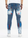 Men Streetwear Painted Print Skinny Jeans Stretch Denim Pants