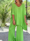 Women's 2Pcs Solid Color Shoulder Cut Lace Up Sleeve Shirt &Pants Set