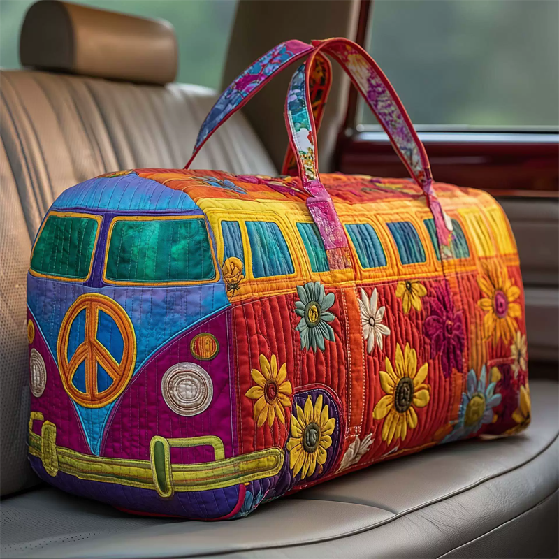 Hippie Bus Pattern Quilted Duffel Bag for Women