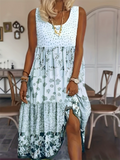 Women's Summer Printed Patchwork Round Neck Sleeveless Midi Dress