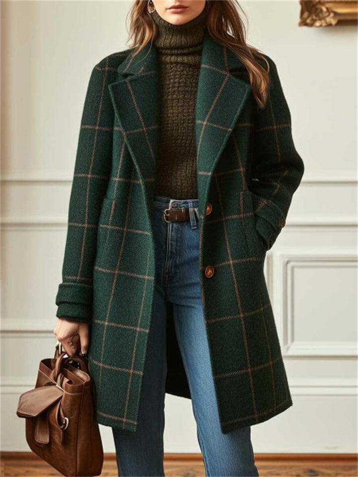 ‌Autumn Plaid Single Breasted Mid-Length Lapel Coat for Women