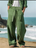 Men's Solid Color Linen Tie-Waist Wide Leg Straight Pants