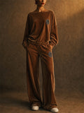 Women Velvet 2 Piece Lounge Set Boat Neck BatWing Sleeve Wide Leg Outfits