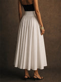 Women French Style High Waist White A Line Pleated Maxi Skirt