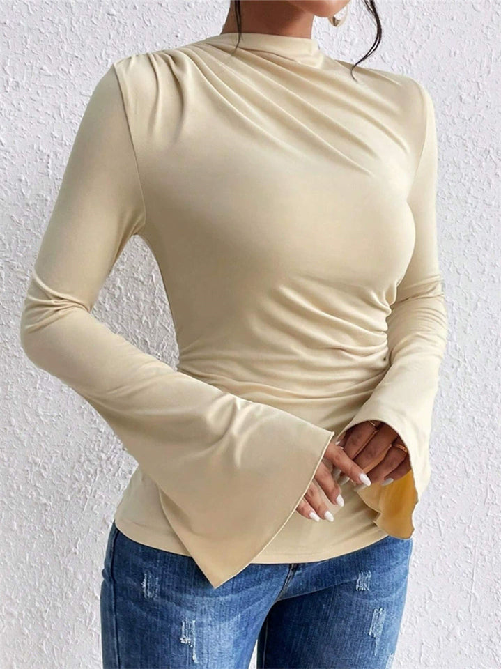 Women's Solid Color Pleated Flared Sleeve Stand Collar Slim Fit Shirt