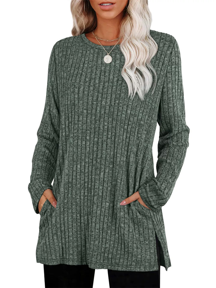Women's Autumn Loose Round Neck Pockets Split Hem Long Sleeve Shirts