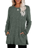 Women's Autumn Loose Round Neck Pockets Split Hem Long Sleeve Shirts