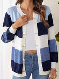 Women's Contrast Color Button Up Round Neck Cardigan Sweater