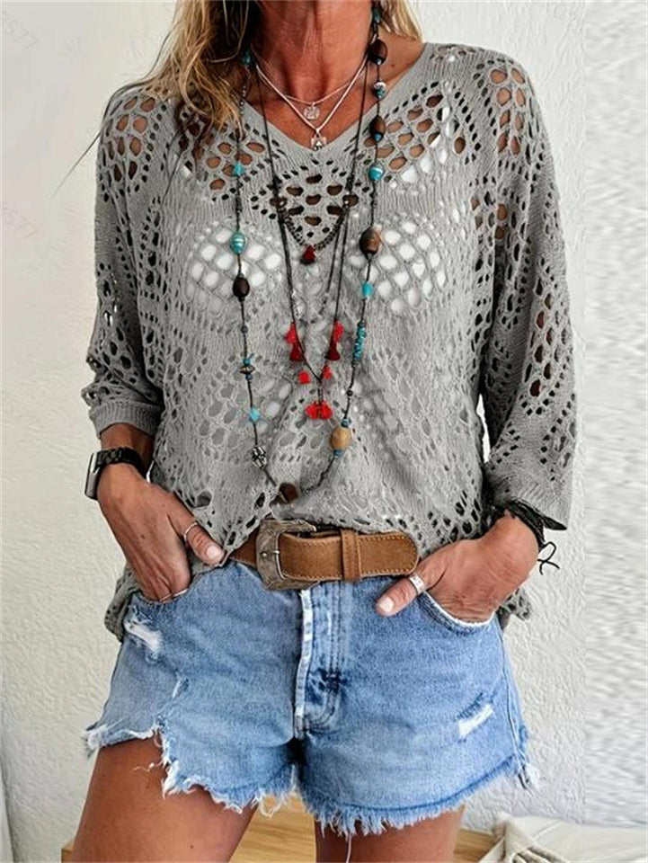 Women's Summer Boho Crochet Hollow Out V Neck Knit Beach Top