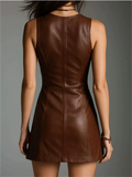 Brown Sexy Faux Leather Front Zipper Sleeveless Mini Dress for Women
