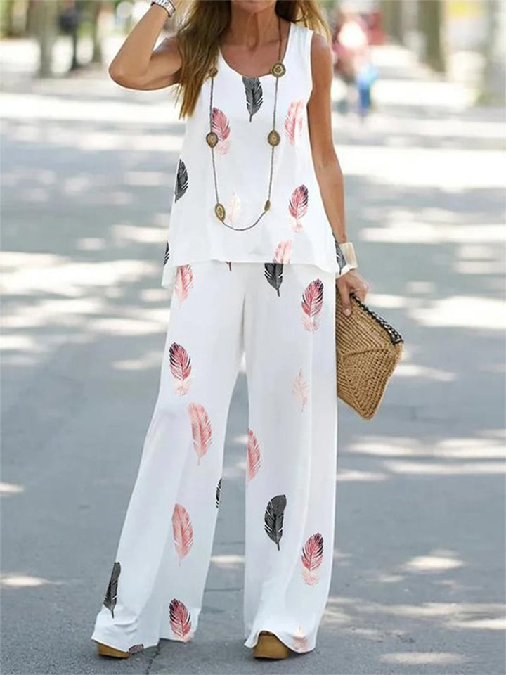 Women's Summer Vacation Unique Feather Print Chiffon Set