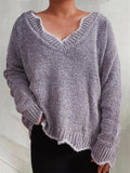 Women's Contrast Trim V Neck Pullover Long Sleeve Sweater
