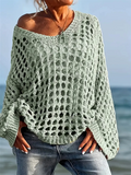 Plus Size Women's Loose Casual Solid Color Hollow Long-sleeved Sweaters