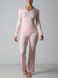 Women's 2 Piece Lounge V Neck Long Sleeve Top and Flare Yoga Pants Set