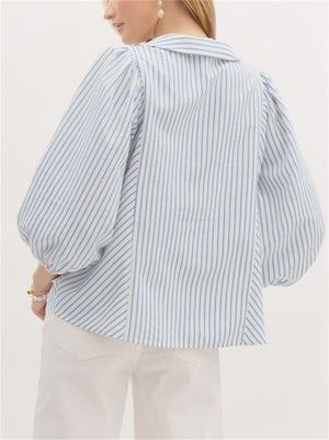 Women's Sweet Style Stripe Lapel Puff Sleeve Blouses