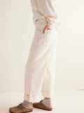 Female Loose Washed Button Trim Jeans with Pockets