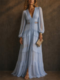 Women's V Neck Lantern Sleeve Split Big Hem Ruffle Maxi Dress