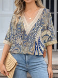 Women's Summer Comfy Printed Lace Patchwork V Neck Shirts