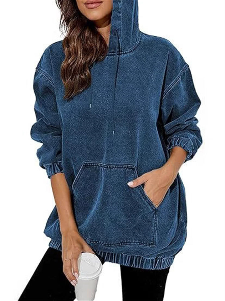 ‌Womens Denim Distressed Hoodie with kangaroo Pockets‌