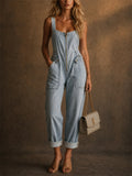 Womens Sleeveless Zip Front Utility Light Wash Denim Jumpsuit
