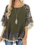 Women's Summer Casual Floral Print Patchwork BatWing Sleeve Shirts