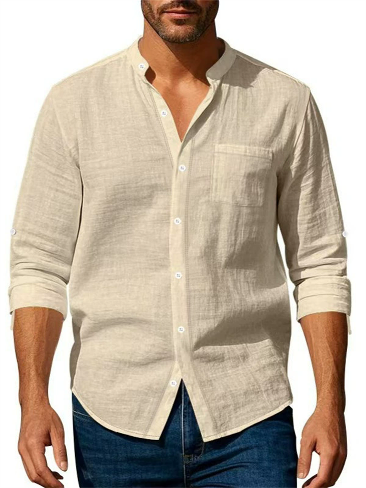 Men's Holiday Style Solid Color Stand Collar Long Sleeve Beach Shirts