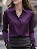 Ladies' Solid Color Lapel Button Up Long Sleeve Satin Blouses