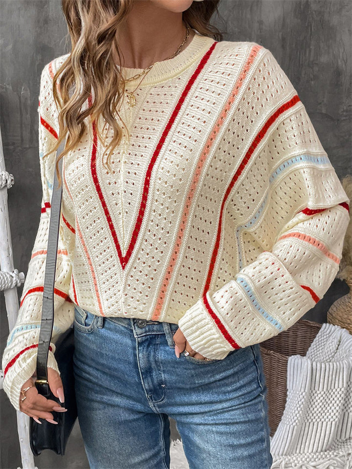 Women's Contrast Color Round Neck Pullover Sweater