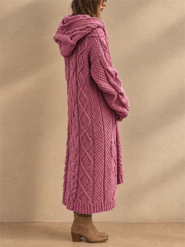 Women Cable Knit Hooded Cardigan Long Open Front Sweater Coat