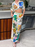 Lady Personality Graffiti Print Satin Shirt Wide Leg Trouser Suit