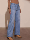 Women's Autumn Vintage Blue Front Pockets Straight Denim Pants