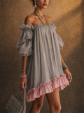 Women Off Shoulder Chiffon Puff Sleeve Ruffle Pink Hem Mini Dress